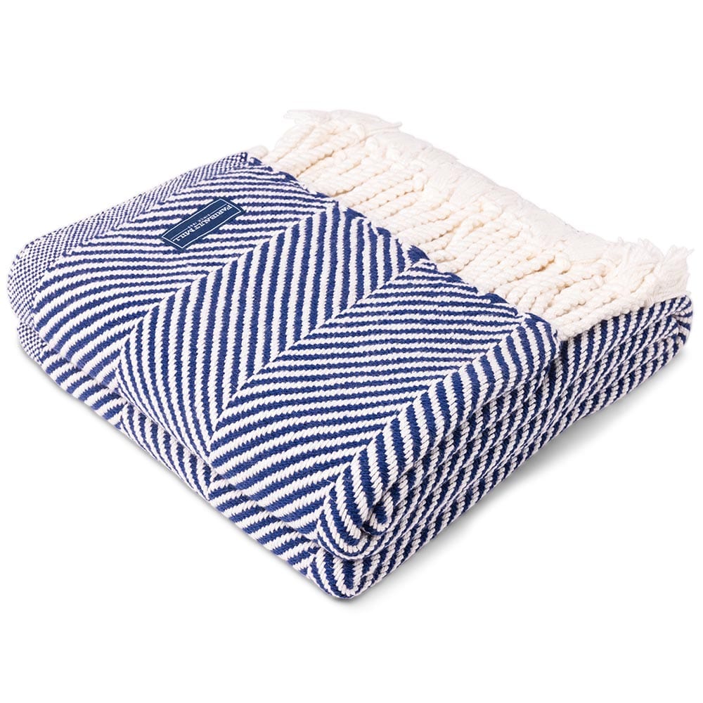 Monhegan Cotton Throw With Fringe - Navy 48" x 70" plus fringe active All Throws Best Seller Cotton Throws Current Full Price FWM group-gallery Herringbone Collection Herringbone Throw machine washable Maine Monhegan Cotton Throw With Fringe New Lower Price personalization Regular Priced Throws