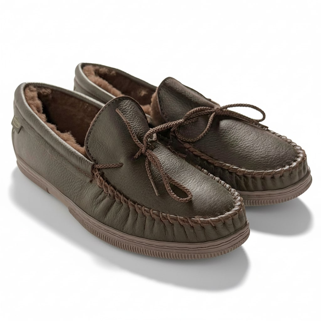 Faribault Mill 6 Footskins Men's Premium Rubber Sole Sheepskin Slippers - Brown