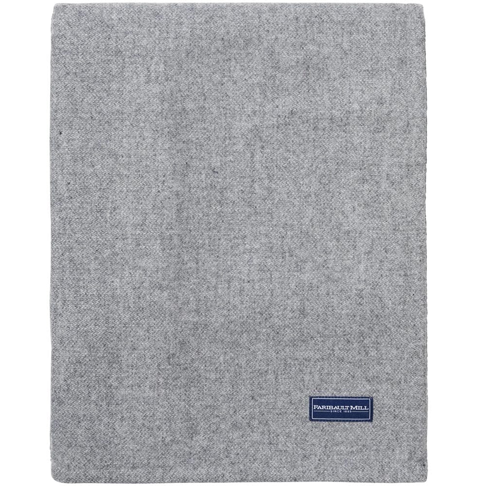 Faribault Mill Lakefront gray lightweight wool bed blanket, folded and displayed in a top-down view.
