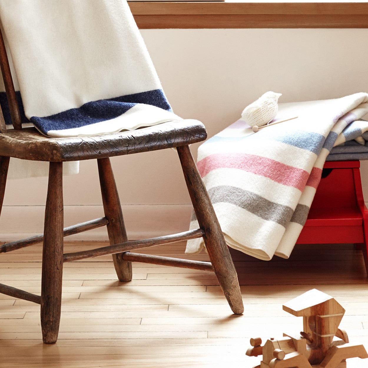 Classic Natural Wool Baby Blanket - Navy Stripe active Faribault machine washable