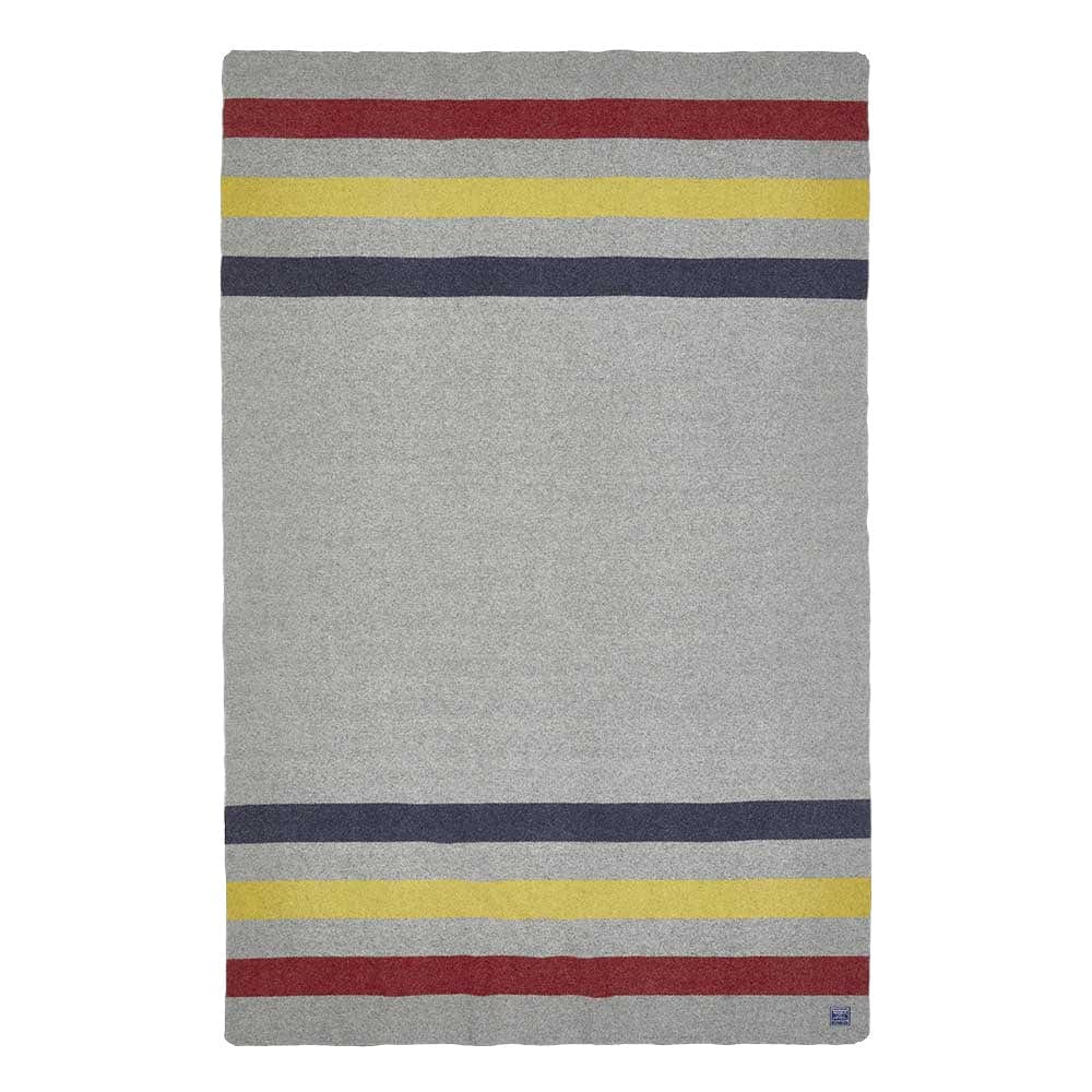 Faribault Mill Frontier gray heavyweight wool bed blanket, unfolded and laid flat in a top-down view.