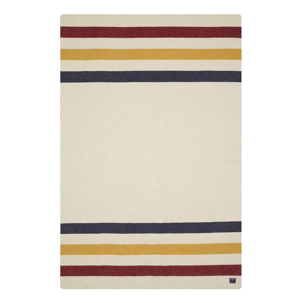 Faribault Mill Frontier natural heavyweight wool bed blanket, unfolded and laid flat in a top-down view.