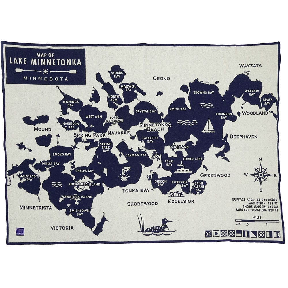 Lake Minnetonka Map Wool Throw Navy Natural active Current Dry clean or hand wash Faribault Full Price group-gallery Lakes & Maps New Lower Price