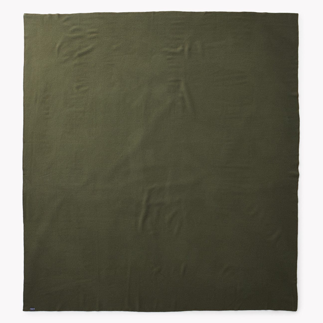 Faribault Mill Pure and Simple olive middleweight wool bed blanket, unfolded and laid flat in a top-down view.