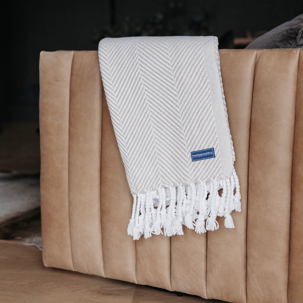 Monhegan Cotton Throw With Fringe - Oyster active All Throws Best Seller Cotton Throws Current Full Price FWM group-gallery Herringbone Collection Herringbone Throw machine washable Maine Monhegan Cotton Throw With Fringe New Lower Price personalization Regular Priced Throws