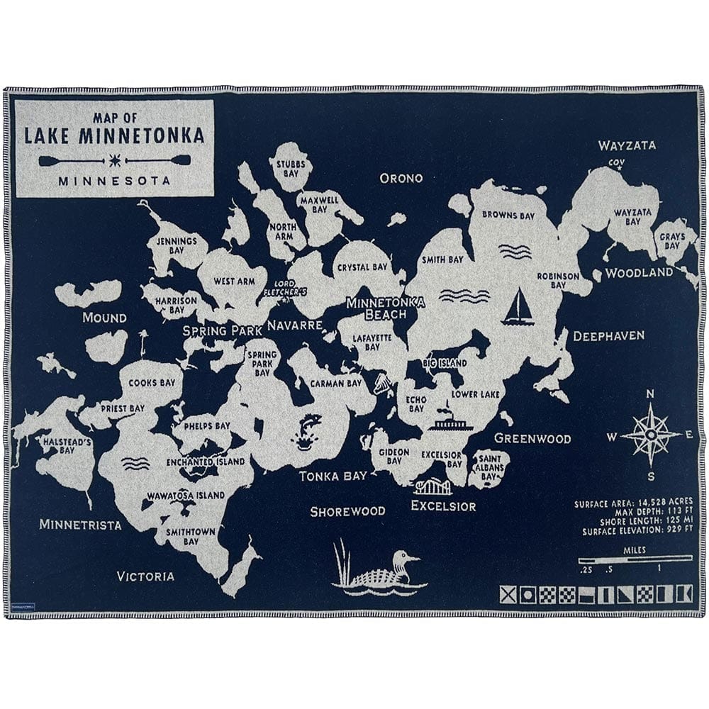 Lake Minnetonka Map Wool Throw - Natural/Navy 42" x 65" active Current Dry clean or hand wash Faribault group-gallery Lakes & Maps
