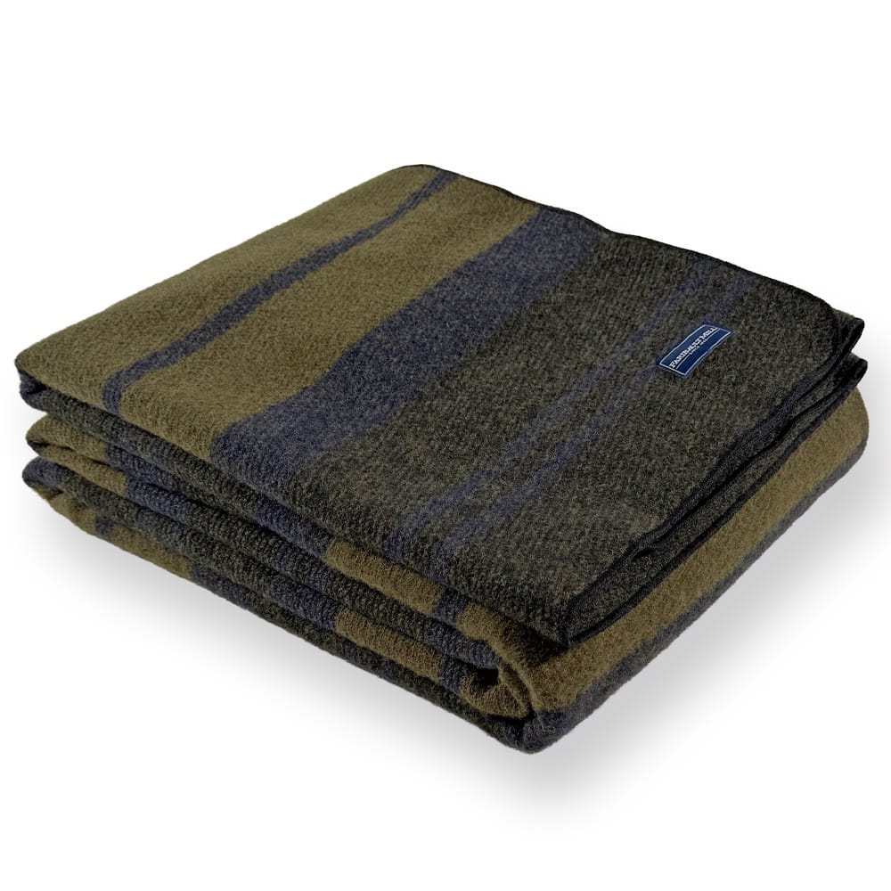 Faribault Mill Timberline Stripe green middleweight wool bed blanket, folded and displayed at an angle to highlight the thickness, loft of the wool, and whipstitched edges.