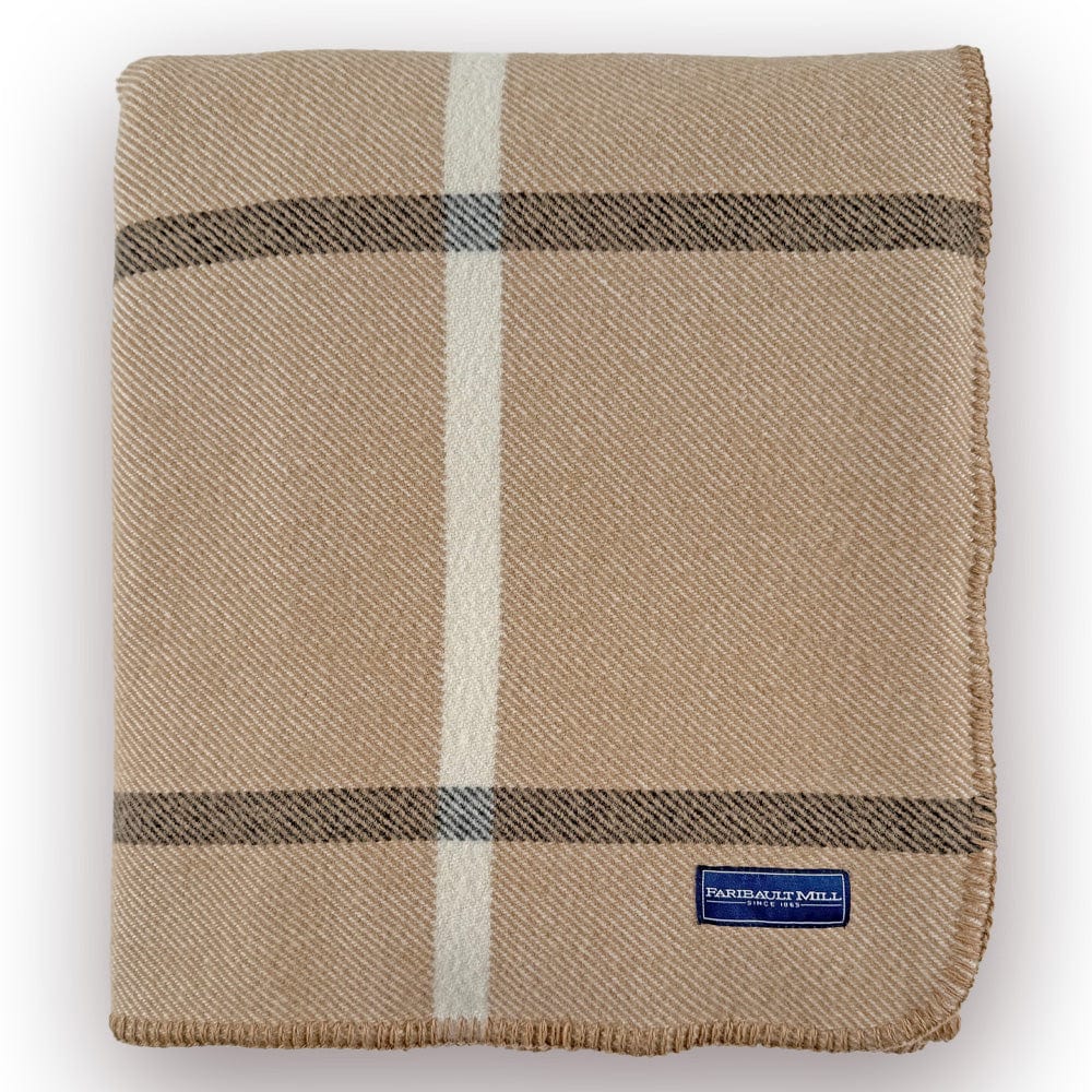 Faribault Mill Windowpane Plaid Wool Blanket - Beige