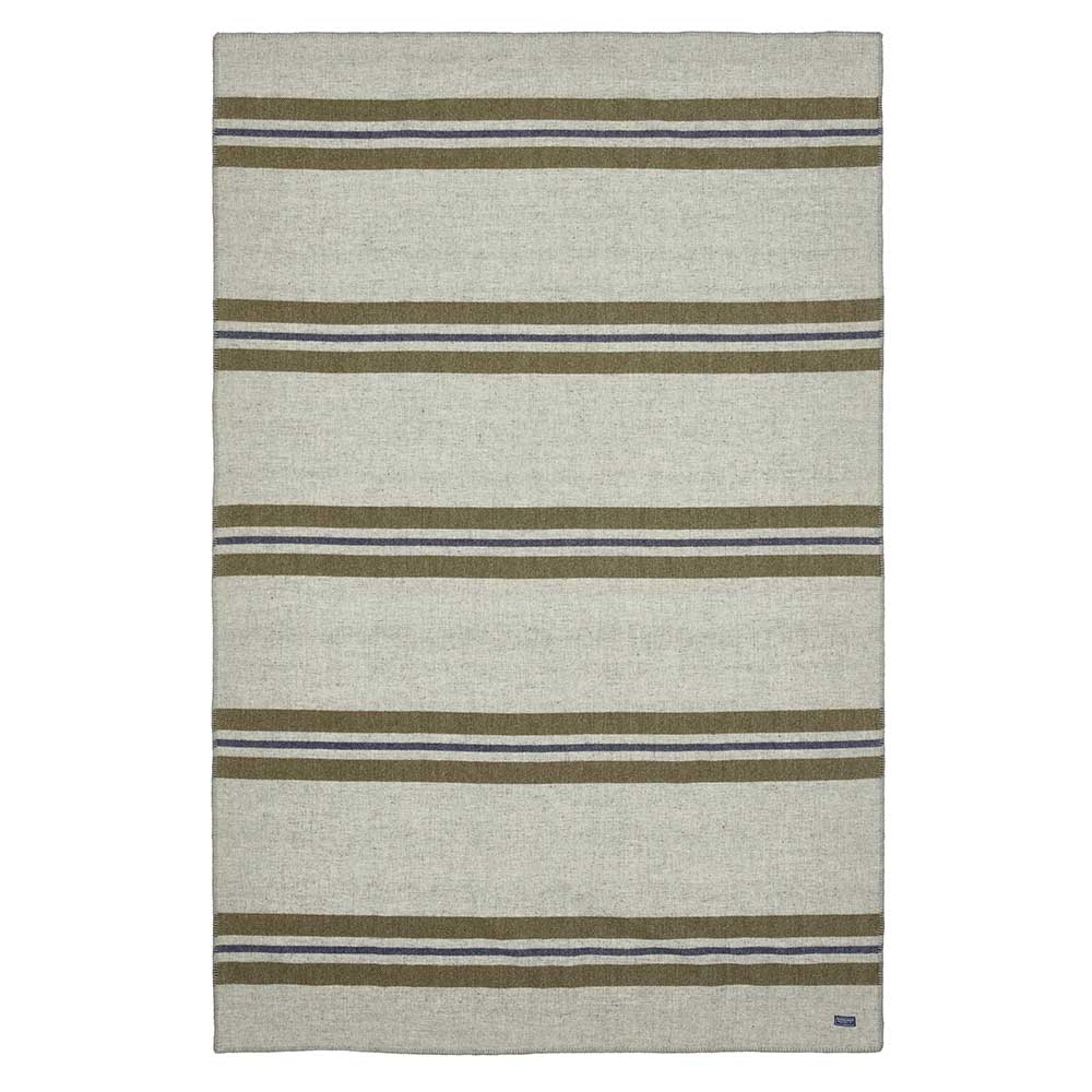 Faribault Mill Cabin smoke middleweight wool throw, unfolded and laid flat in a top-down view.