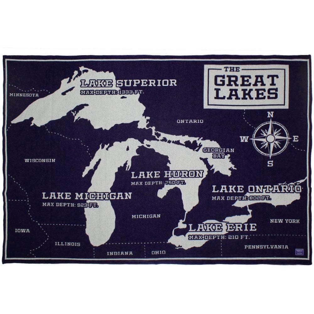 Great Lakes Map Wool Throw 42" x 65" active Current Dry clean or hand wash Faribault Full Price Lakes & Maps New Lower Price