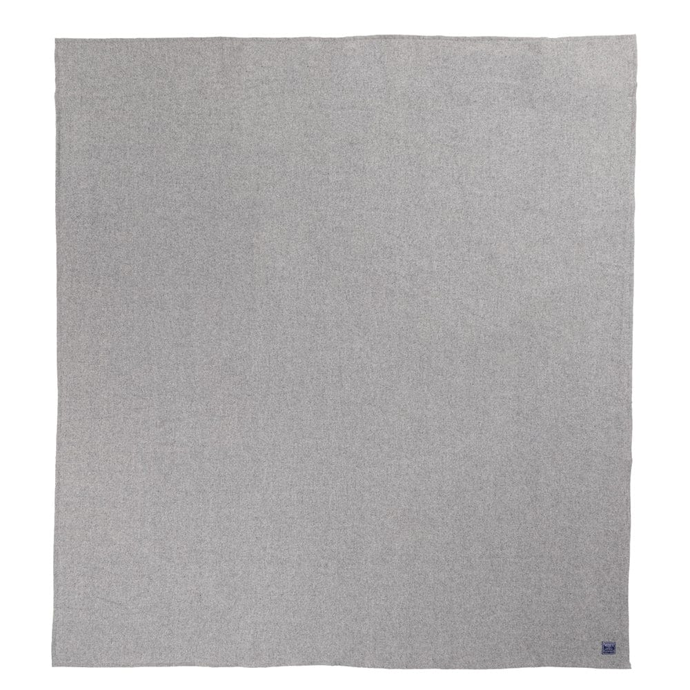Faribault Mill Lakefront gray lightweight wool bed blanket, unfolded and laid flat in a top-down view.