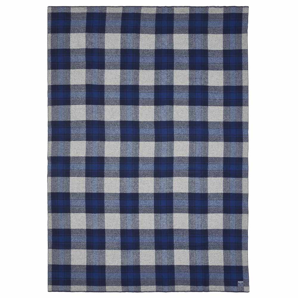 Faribault Mill North Shore blue middleweight wool bed blanket, unfolded and laid flat in a top-down view.